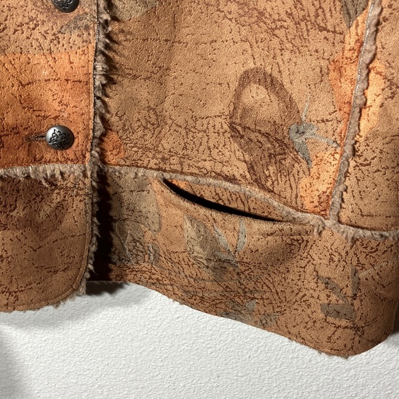 Brown Rose Patterned Teddy Jacket Two Front Pockets‎ Warm Suede Sherpa Style - Picture 4 of 11